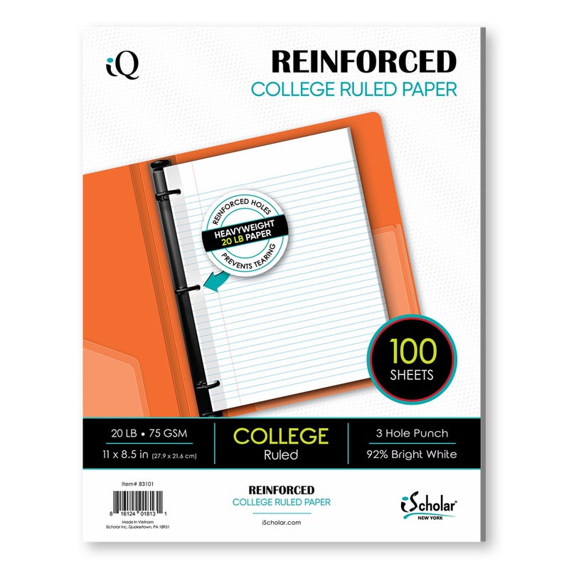iScholar Reinforced Filler Paper, College Ruled, White, 100 Sheets, 9 x 11 Inches (83101) - Image 1
